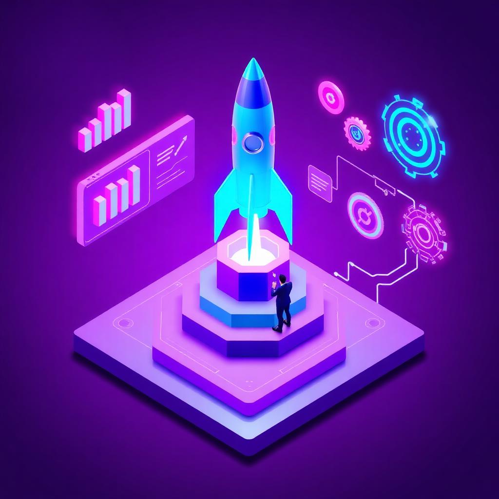 Cohete despegando rodeado de elementos digitales